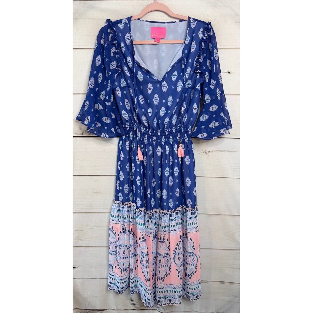 Lilly Pulitzer Blue Pink Geometric Ruffle Smocked Midi Dress Tassels Size 2